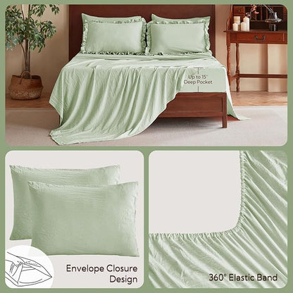 MR&HM King Size Comforter Set Light Green, Comforter Set 7 Pieces for Girls Women, Shabby Chic Vintage Cottagecore Bed Sets Elegance Boho Bed in a Bag, Ultra-Soft & Fluffy Comforter for All Season