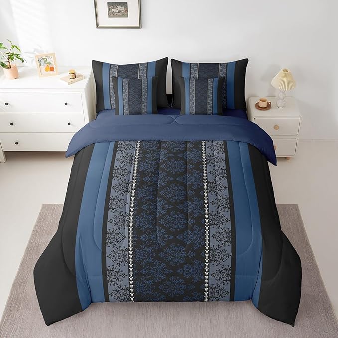 jejeloiu Adult Classic Jacquard 7 Piece Bedding Set King Size Damask Pattern Comforter Set with Sheets for Boys Girls Black Blue Stripe Bed in a Bag Baroque Bed Set