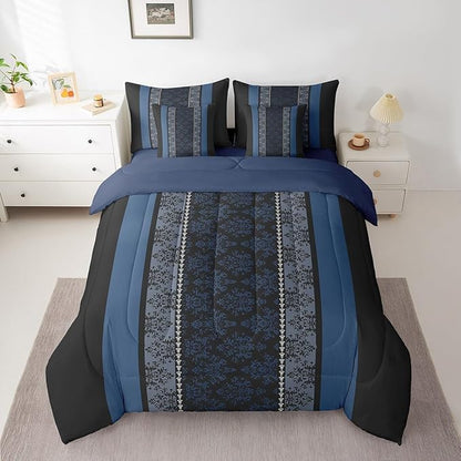 jejeloiu Adult Classic Jacquard 7 Piece Bedding Set King Size Damask Pattern Comforter Set with Sheets for Boys Girls Black Blue Stripe Bed in a Bag Baroque Bed Set