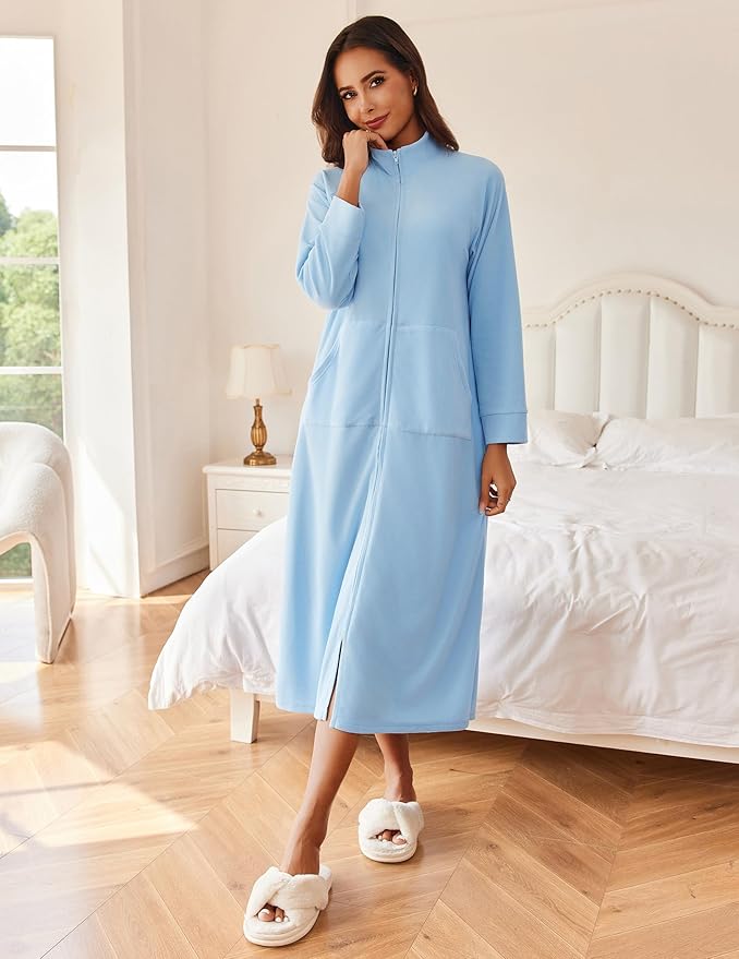Ekouaer Women Zipper Robe Long Sleeves House Coat Soft Bathrobe Sleepwear with Pockets Housecoat Loungewear