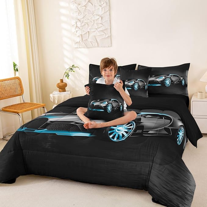 Sports Car 7 Piece Bedding Set Stylish Black Race Car Comforter Set with Sheets for Kids Boys Girls Extreme Sports Theme Bed in a Bag Cool Speed Luxury Car Decor Bed Set with 2 Pillowcases King