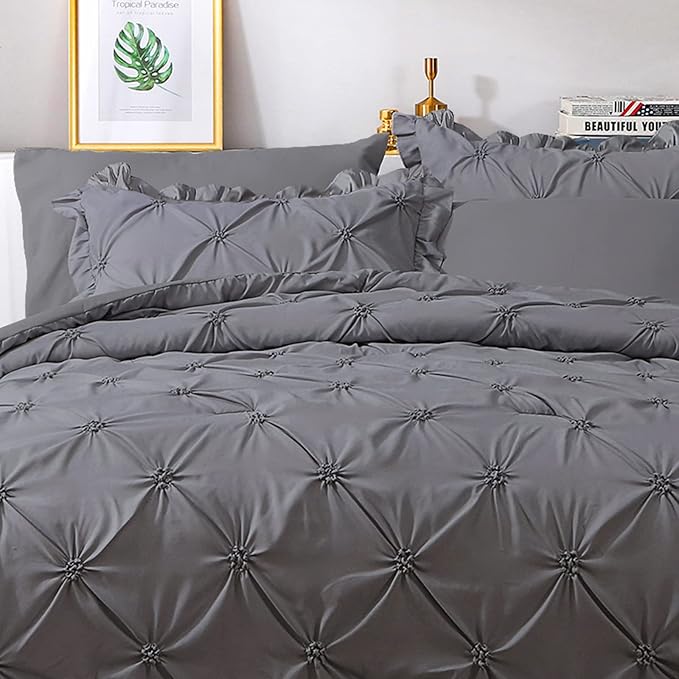JOLLYVOGUE King Size Comforter Set 7 Pieces, Pintuck Dark Grey Bed in a Bag Comforter Set for Bedroom, Beddding Sets with Comforter, Sheets,Ruffled Shams & Pillowcases