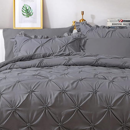 JOLLYVOGUE King Size Comforter Set 7 Pieces, Pintuck Dark Grey Bed in a Bag Comforter Set for Bedroom, Beddding Sets with Comforter, Sheets,Ruffled Shams & Pillowcases