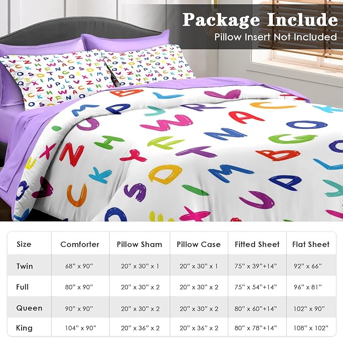 Comforter Set Twin Size, Kids Colorful Alphabet 5 Pcs Bedding for Kids and Adults, Multicolored English Preschool Bed Sheet Sets with Fitted Sheet Pillowcase & Sham for Bedroom Bed Decor