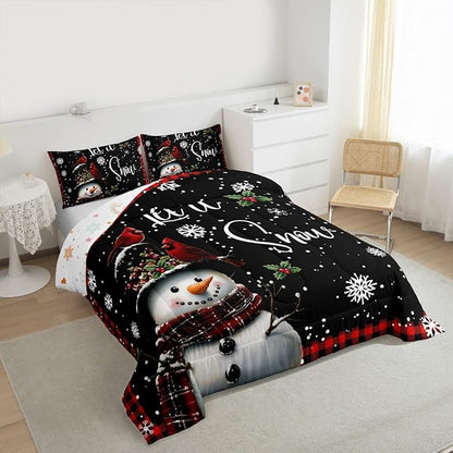 Winter Snowman Comforter Set Full Size,Merry Christmas Bedding Sets 3Pcs for Kids Girls Boys Women Room Decor,Red Black Checkered Down Comforter Northern Cardinal Quilted Duvet,2 Pillowcases
