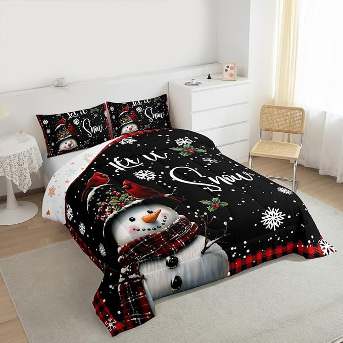 Winter Snowman Bedding Sets Twin Size,Merry Christmas Comforter Set 2Pcs for Kids Girls Boys Women Room Decor,Red Black Checkered Quilted Duvet Northern Cardinal Down Comforter,1 Pillowcase