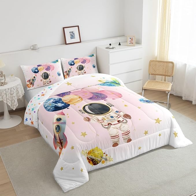 Cute Astronaut Full Size Comforter Set,Colorful Cute Planet Balloon Rocket Reversible Bedding Comforters Bedroom Decor,Stars Cartoon Space Pink White Breathable Polyester Bedding Set