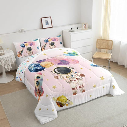 Cute Astronaut Kids Comforter Set Toddler Size,Colorful Cute Planet Balloon Rocket Reversible Quilt Set for Boys Girls Teens,Stars Cartoon Space Pink White Duvet Insert with 1 Pillowcase