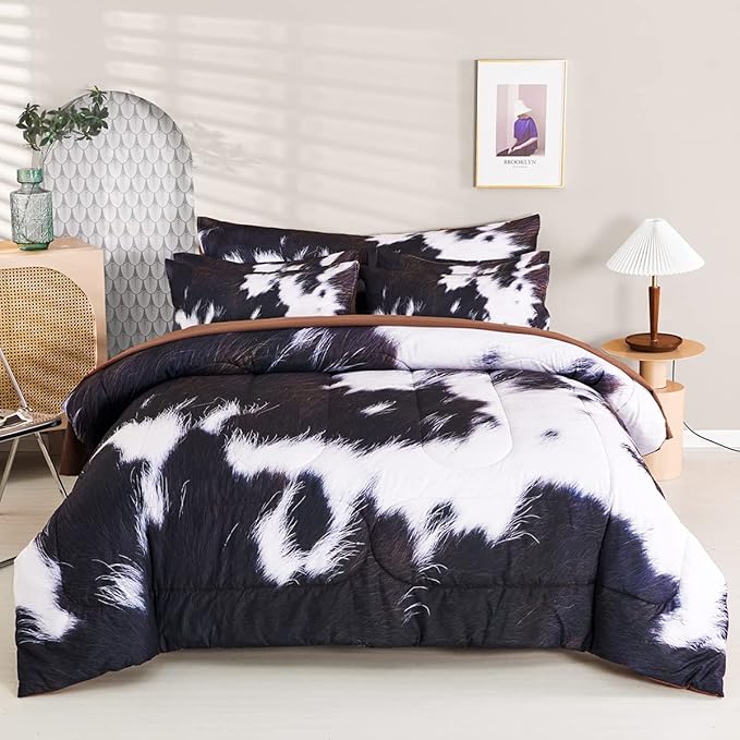 SUCSES Cow Print Comforter Set Queen Size, 8Pcs Cow Fur Print Bed Quilt Set with Comforter and Sheets, Super Soft Farmhouse Style Bed Bedding Sets for Teens Boys