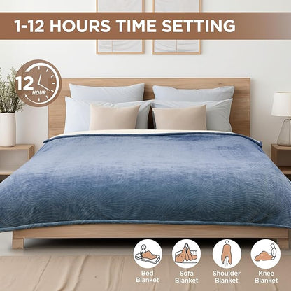 Westinghouse Electric Blanket Twin, Flower Jacquard Heated Blanket Twin Size with 10 Heating Levels and 1-12 Hours Auto-Off, Flannel to Sherpa Reversible, Machine Washable (62" x 84", Blue)