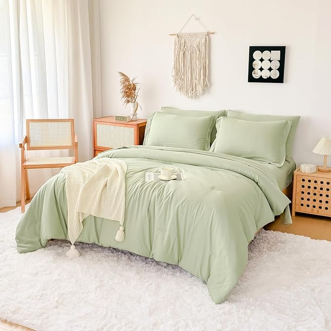 Cal King Comforter Set - 7 Pieces Sage Green Bed in a Bag Cal King Bedding Sets with Comforters, All Seasons Ultra Soft Comforter Bed Set with Sheets,Pillowcases & Shams (104"x90")