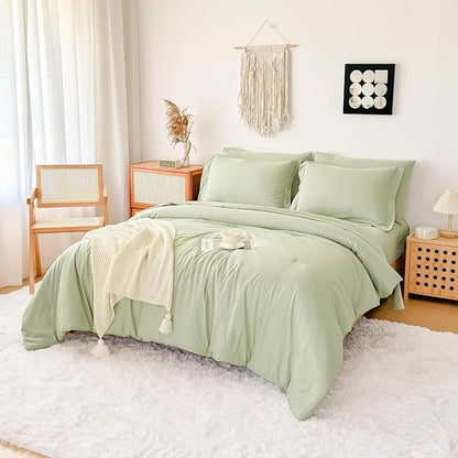 Cal King Comforter Set - 7 Pieces Sage Green Bed in a Bag Cal King Bedding Sets with Comforters, All Seasons Ultra Soft Comforter Bed Set with Sheets,Pillowcases & Shams (104"x90")