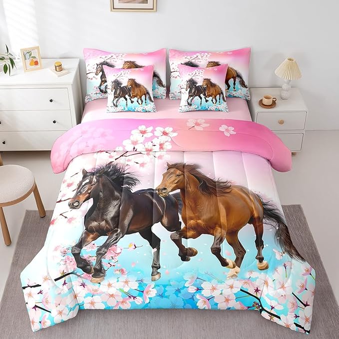 Feelyou Girls Horse Comforter Set Full Size 7 Pcs West Horses Comforter Bed in a Bag Pink Cherry Blossom Bedding Set for Women Teens Farmhouse Western Bed Set with Sheets, Pillowcases, Pillow Covers