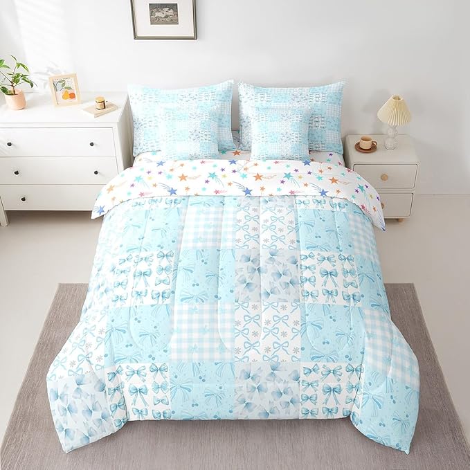 Feelyou Blue Bow Comforter Set with Sheets King Size Kids Bowknot Plaid 7 Pieces Bedding Set for Boys Girls Teens Gift for Girls Women Grid Bed in a Bag Breathable Princess Décor Bed Set