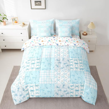 Feelyou Blue Bow Comforter Set with Sheets King Size Kids Bowknot Plaid 7 Pieces Bedding Set for Boys Girls Teens Gift for Girls Women Grid Bed in a Bag Breathable Princess Décor Bed Set