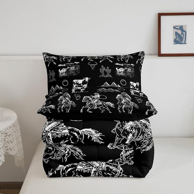 Erosebridal Western Cowboy Bedding Full Black White Horse Cow Print Comforter Set for Kids Boys Teen Men Country Wild West Bedding Comforter Sets Desert Cactus Quilt Duvet Rustic Room Decor
