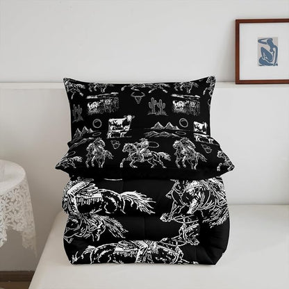 Erosebridal Western Cowboy Bedding Queen Black White Horse Cow Print Comforter Set for Kids Boys Teen Men Country Wild West Bedding Comforter Sets Desert Cactus Quilt Duvet Rustic Room Decor