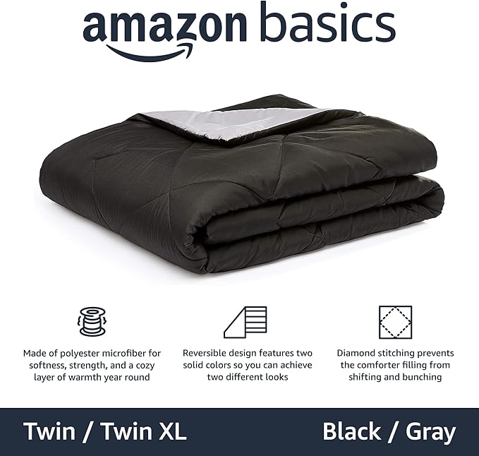 Amazon Basics Comforter Blanket, Reversible, Lightweight Microfiber, All Season, Soft Plush, Machine Washable, Twin/Twin XL, Black/Grey