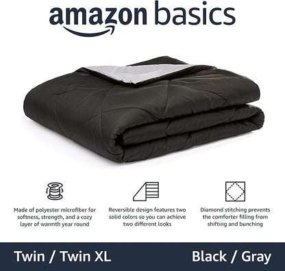 Amazon Basics Comforter Blanket, Reversible, Lightweight Microfiber, All Season, Soft Plush, Machine Washable, Twin/Twin XL, Black/Grey