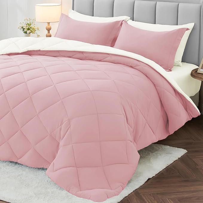 MUXHOMO 5 Pieces Twin Comforter Set, Reversible Bed in a Bag Twin Size, All Season Bedding Set with Comforter, Flat Sheet, Fitted Sheet, Pillowcases & Shams, Light Pink & Ivory