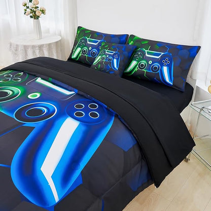 URBONUR Gaming Comforter Sets for Boys Queen Size Blue Green 6Pcs Gamer Bedding Set Queen Ultra Soft Fluffy Game Console Printed Kids Bed-in-a-Bag