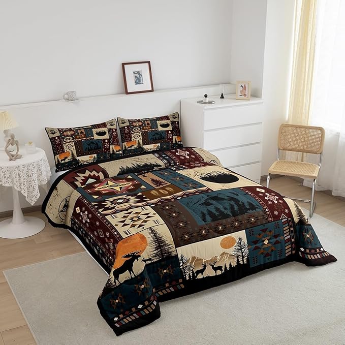 Bohemian Deer Bedding Sets Queen Bear Wildlife Hunting Theme Comforter Cabin Decor Buffalo Plaid Grid Duvet Insert for Adult Women Men Retro Boho Xmas Pine Tree Down Comforter Geometric Quilt 3Pcs