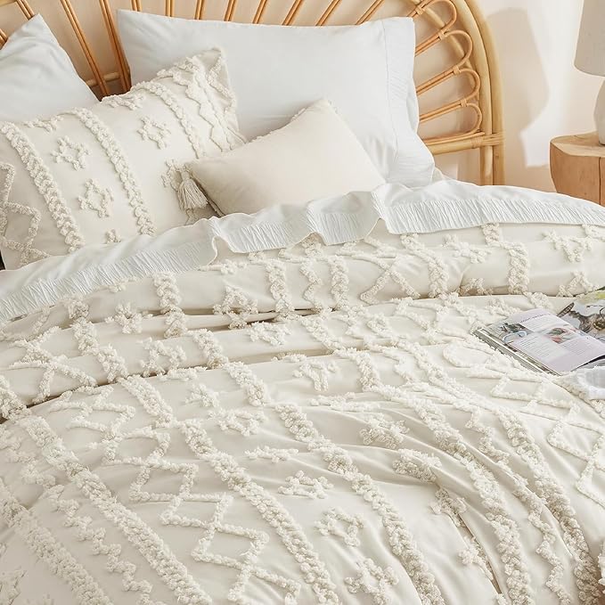Boho Tufted Comforter Set Queen Size Beige Geometric Tufted Bedding Set 3 Pieces Farmhouse Shabby Chic Embroidery Comforter Soft Jacquard Bed Set for All Seasons with 2 Pillowshams