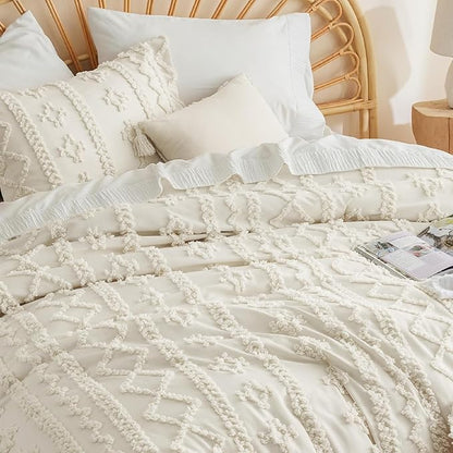 Boho Tufted Comforter Set Queen Size Beige Geometric Tufted Bedding Set 3 Pieces Farmhouse Shabby Chic Embroidery Comforter Soft Jacquard Bed Set for All Seasons with 2 Pillowshams