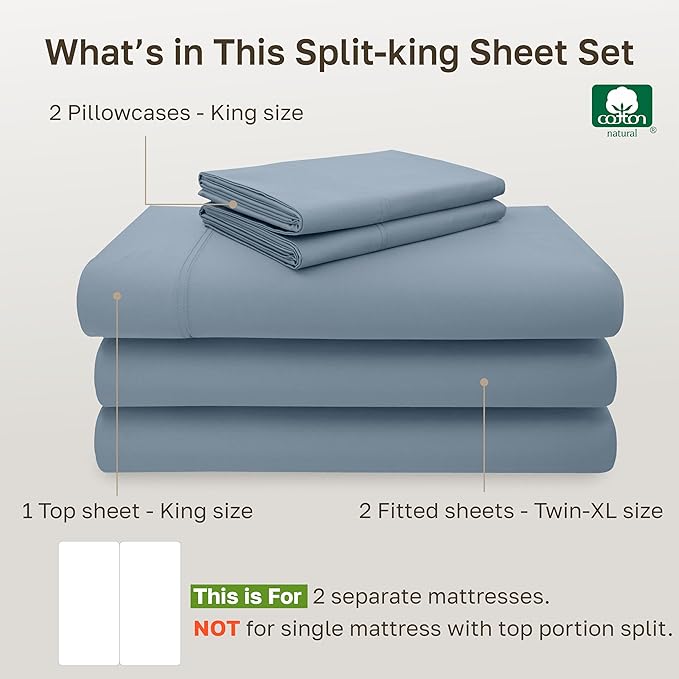 California Design Den Split King Sheet Set - 100% Cotton, 600 Thread Count, Breathable Luxury King Size Sheets for Adjustable Bed, Luxury Soft Hotel-Quality Sheets with Sateen Weave - Pastel Blue