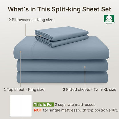 California Design Den Split King Sheet Set - 100% Cotton, 600 Thread Count, Breathable Luxury King Size Sheets for Adjustable Bed, Luxury Soft Hotel-Quality Sheets with Sateen Weave - Pastel Blue