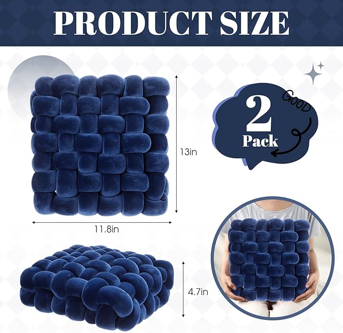 Wenqik 2 Pcs Knot Pillows Square Knotted Plush Throws Soft Accent Pillows Decoration Cushion for Couch Home Office Living Room Bedroom Bed Sofa Decor, 12'' x 13''(Navy Blue,Crystal Velvet)