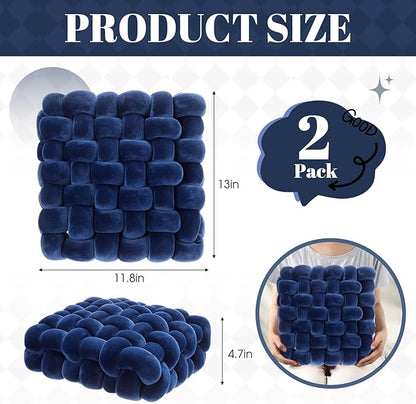 Wenqik 2 Pcs Knot Pillows Square Knotted Plush Throws Soft Accent Pillows Decoration Cushion for Couch Home Office Living Room Bedroom Bed Sofa Decor, 12'' x 13''(Navy Blue,Crystal Velvet)