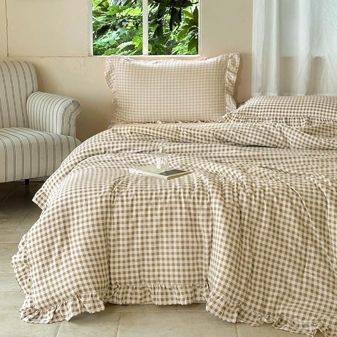 NSNLGSGC Tan Ruffle Gingham Comforter Set Twin, Pre-Washed Ruffled Taupe Plaid Checked Comforter Bedding, 2 Pieces Vintage Farmhouse Grid Bedding Set(Tan Gingham, Twin)