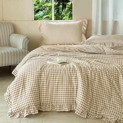 NSNLGSGC Tan Ruffle Gingham Comforter Set Twin, Pre-Washed Ruffled Taupe Plaid Checked Comforter Bedding, 2 Pieces Vintage Farmhouse Grid Bedding Set(Tan Gingham, Twin)