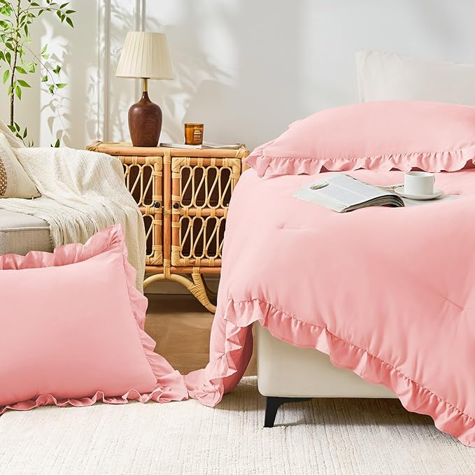 FUANNA King Size Comforter Set Pink, 3 Pieces Ruffle King Bedding Set, Fluffy Farmhouse Bed in a Bag King with 1 Lightweight Comforter & 2 Pillowshams