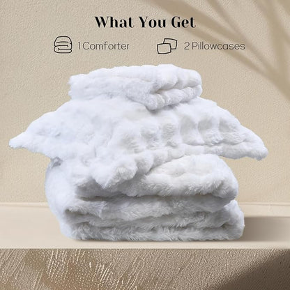 DAICO 3 Pieces Fluffy Faux Rabbit Fur Comforter Set Queen Size White Plush Fuzzy Bubble Comforter Bedding Set Warm Cozy Bedding Comforter Sets for Winter, 1 Comforter and 2 Pillowcases