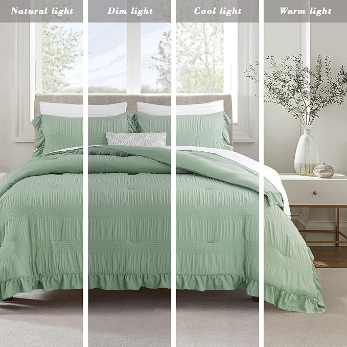 Sage Green Seersucker Comforter Queen Size with Ruffled Edges, Ultra-Soft Sage Green Bedding Set Queen Size 3 Piece Set, Down Alternative Comforter Set(Queen/90 * 90)