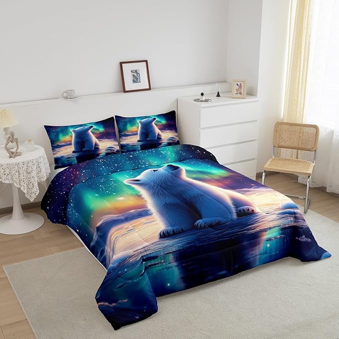Manfei Kawaii Polar Bear Comforter Queen for Kids Adults Youth,Aurora Neon Colorful Galaxy Sky Quilt Comforter Room DecorCartoon Little Bear Wildlife Quilted Duvet Duvet Insert,2 Pillowcases