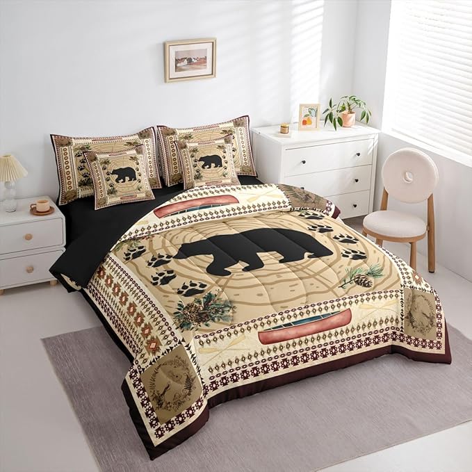 Erosebridal Bear 7 Piece Comforter Set Queen Rustic Cabin Decor Bedding Set Kids Teens Tribal Wild Animals Bed in A Bag Western Aztec Quilt Stump Bear Paw Print Sheet Set Exotic Nordic Style