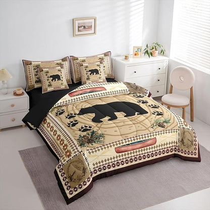 Erosebridal Bear 7 Piece Comforter Set Full Rustic Cabin Decor Bedding Set Kids Teens Tribal Wild Animals Bed in A Bag Western Aztec Quilt Stump Bear Paw Print Sheet Set Exotic Nordic Style