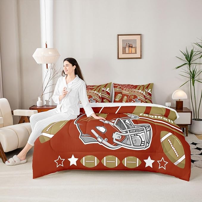 Feelyou Football 7 Pieces Comforter Sets Twin Size Kids Rugby Sports Bedding Set for Boys Kids Teen Sports Theme Bed in a Bag with Comforter, Sheets, Pillowcases & Cushion Cover