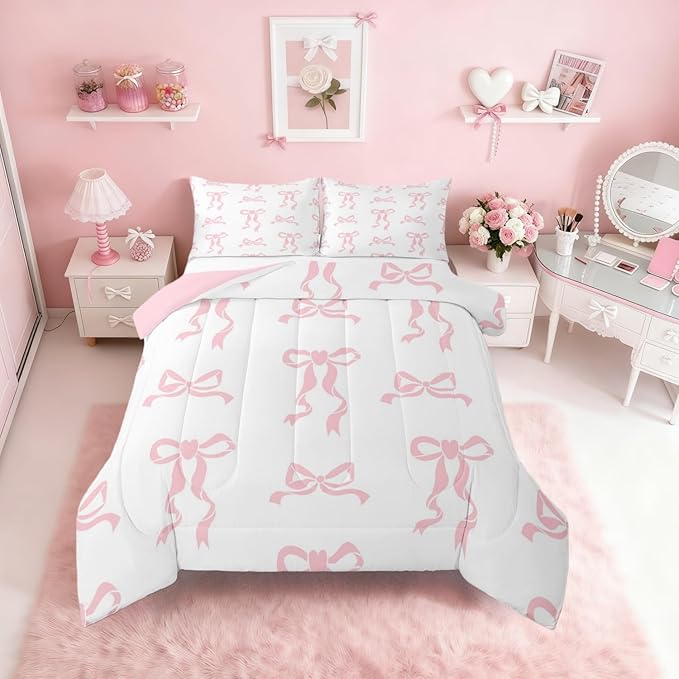 Erosebridal Kids Pink Bowknot Toddler Size Comforter Set, Dreamy Princess Bedding Set, Pink Bow Comforter for Girls Women Princesss Bedroom Decor, Kawaii Bow Knot Cartoon Quilt, All Season