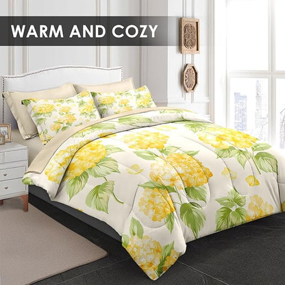 Comforter Set King Size, Flower Yellow Hydrangea 7 Pcs Bedding for Kids and Adults, Floral Summer Rustic Bed Sheet Sets with Fitted Sheet 2 Pillowcases & 2 Shams for Bedroom Bed Decor
