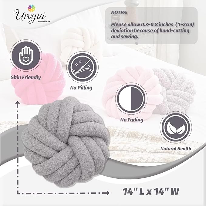 Uvvyui Knot Pillows, 14 Inch Decorative Throw Pillows Round Pillows Cushion, Soft Handmade Knotted Ball Pillow Plush Cushion Home Decor for Bed Couch Living Room (Light Gray, 14 Inch)