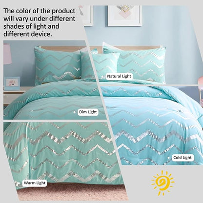 Menghomeus Aqua Comforter Set Queen Size Metallic Teal and Silver Bed Comforter 4 Piece Soft Microfiber Bedding for Teen Girls Women (2 Pillow Shams + 1 Decorative Pillow Sham)