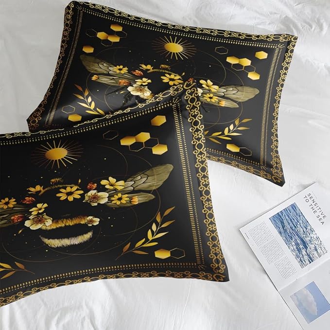 Comforter Set Queen Size, Bee Yellow Sweet 7 Pcs Bedding for Kids and Adults, Vintage Sunflower Black Bed Sheet Sets with Fitted Sheet 2 Pillowcases & 2 Shams for Bedroom Bed Decor