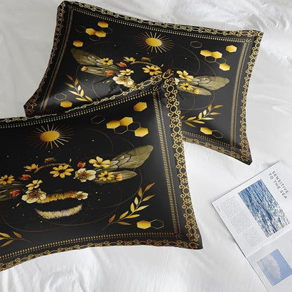 Comforter Set Queen Size, Bee Yellow Sweet 7 Pcs Bedding for Kids and Adults, Vintage Sunflower Black Bed Sheet Sets with Fitted Sheet 2 Pillowcases & 2 Shams for Bedroom Bed Decor