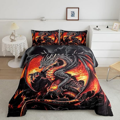 Erosebridal Dragon King Size Bedding Set, Ancient Animal Comforter Set for Adult Men Room, Black Gold Wildlife Down Comforter, Lightweight Quilt, Breathable Room Decor