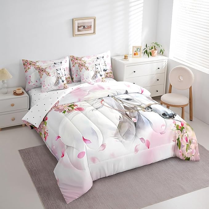 Feelyou Horse Comforter Set King Size 7 Pcs Girls Western Horse Comforter Bed in a Bag Cherry Blossom Floral Bedding Set for Boys Girls Horse Lover Bed Set with Sheets, Pillowcases, Pillow Covers