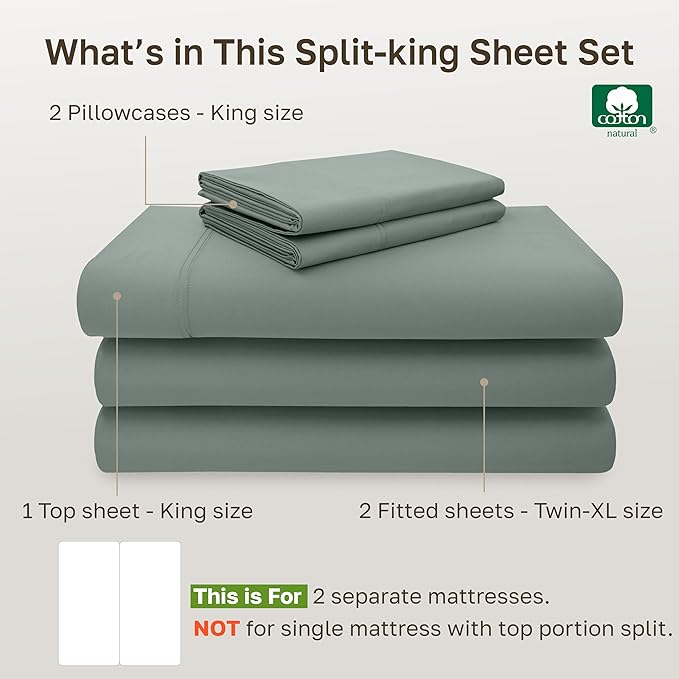 California Design Den Split King Sheet Set - 100% Cotton, 600 Thread Count, Breathable Luxury King Size Sheets for Adjustable Bed, Luxury Hotel-Quality Sheets, Soft Sateen (Sage Green - Cool Tone)
